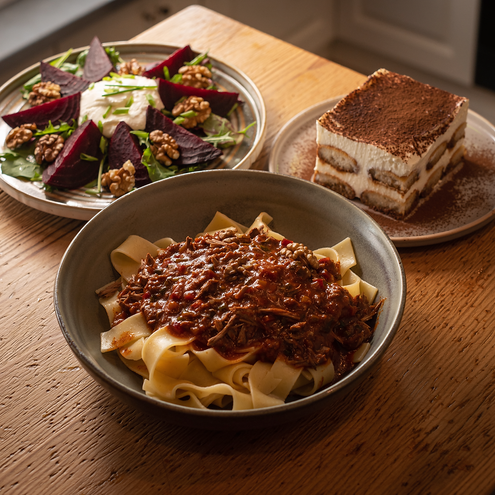 Steakhouse Night: Braised Beef, Pasta, Salad and Tiramisu