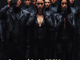 Grupo de homens e mulheres vestidos em couro e latex, em posição simbólica de negação coletiva, representando o silêncio, a omissão e a falsa ideia de comunidade no meio BDSM.