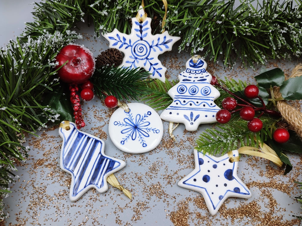 5 Suspensions de Noël en céramique Bleues