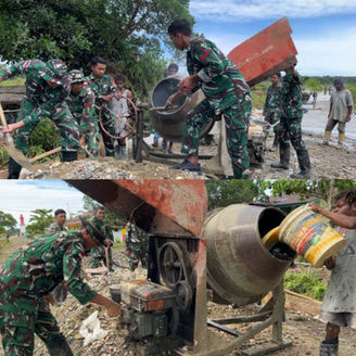 Satgas Pamtas Kewilayahan RI-PNG Yonif 410/Alugoro Bersama Masyarakat Perbaiki Jalan yang Rusak