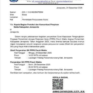 SURAT RESMI TERBIT, JENEPONTO PENYERAHAN SK PPPK PARUH WAKTU SIAP DIGELAR — BKPSDM TANCAP GAS, PUBLIK MENUNGGU BUKTI NYATA