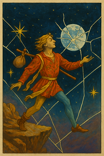 A person in colorful clothes walks on a cliff under a starry sky with a full moon. They carry a sack on a stick, exuding a sense of adventure.