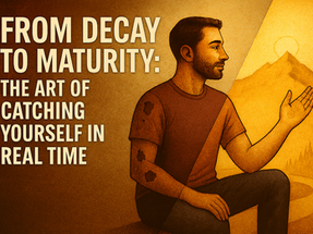 "Exploring personal growth, the illustration portrays the journey from decay to maturity, highlighting the importance of self-awareness in real time."