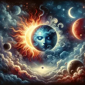 Dreamlike celestial scene with sun, moon, and planets in swirling clouds. Features a serene blue face, fiery sun rays, and starry sky.