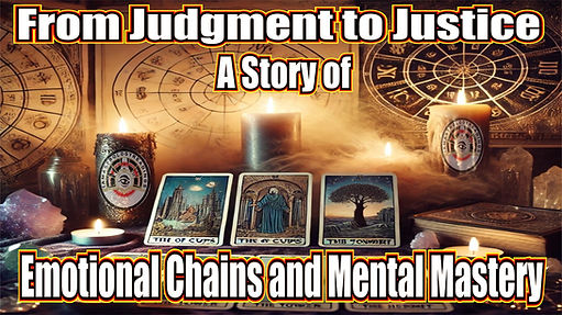 Exploring Transformation: An ethereal scene of Tarot cards, candles, and astrological charts illuminates a journey from judgment to justice, focusing on emotional chains and mental mastery.