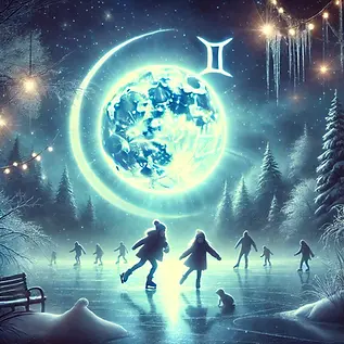 A mystical and serene night scene featuring a luminous full moon in Gemini, casting light on a frozen pond where children are joyfully skating.