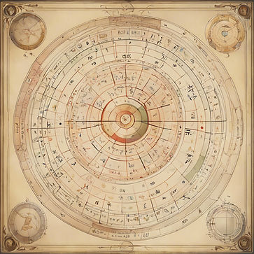 Detailed astrological chart with concentric circles, zodiac signs, and symbols in muted colors on parchment. Intricate designs and text.