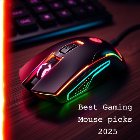 RGB gaming mouse with colorful lights on a wooden desk, near a keyboard. Text reads: Best Gaming Mouse picks 2025.