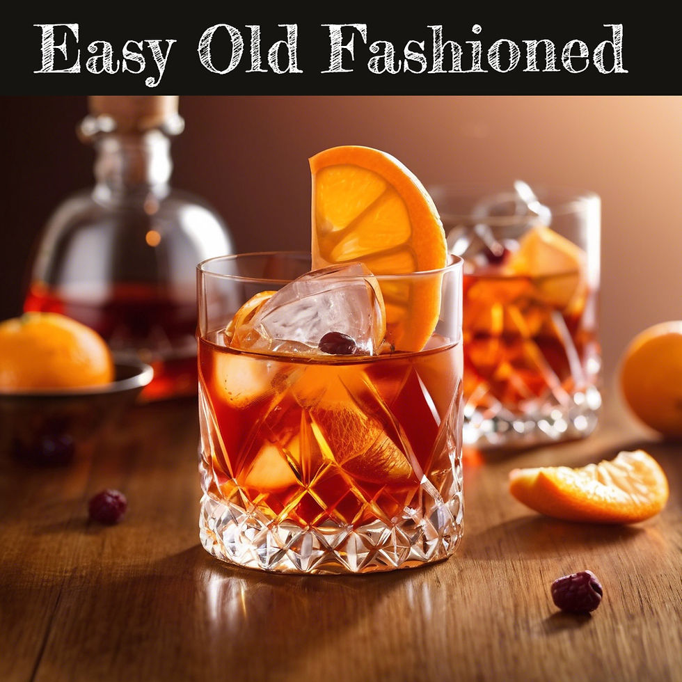 Crystal glass with an Old Fashioned cocktail, garnished with orange and cherry, on wooden table. Text reads "Easy Old Fashioned."