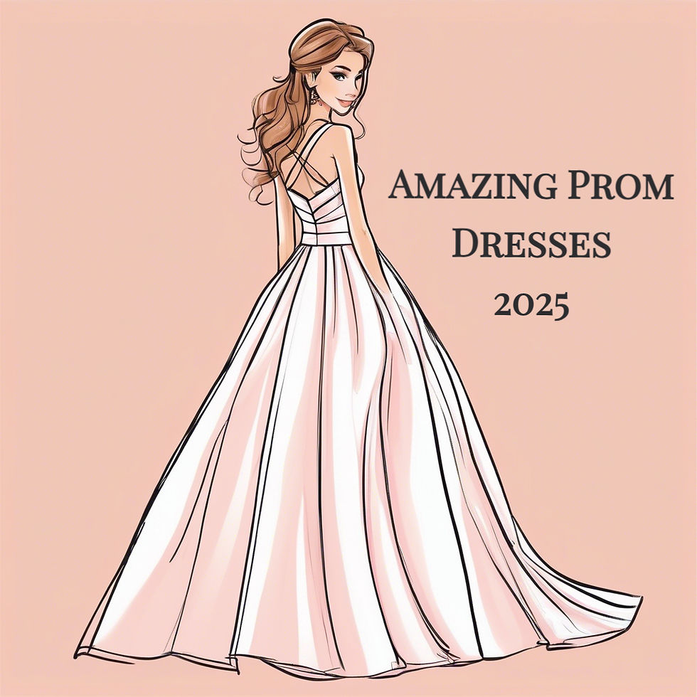 Drawing of a woman in a flowing pink dress, looking back over her shoulder. Text reads "Amazing Prom Dresses 2025" on a peach background.