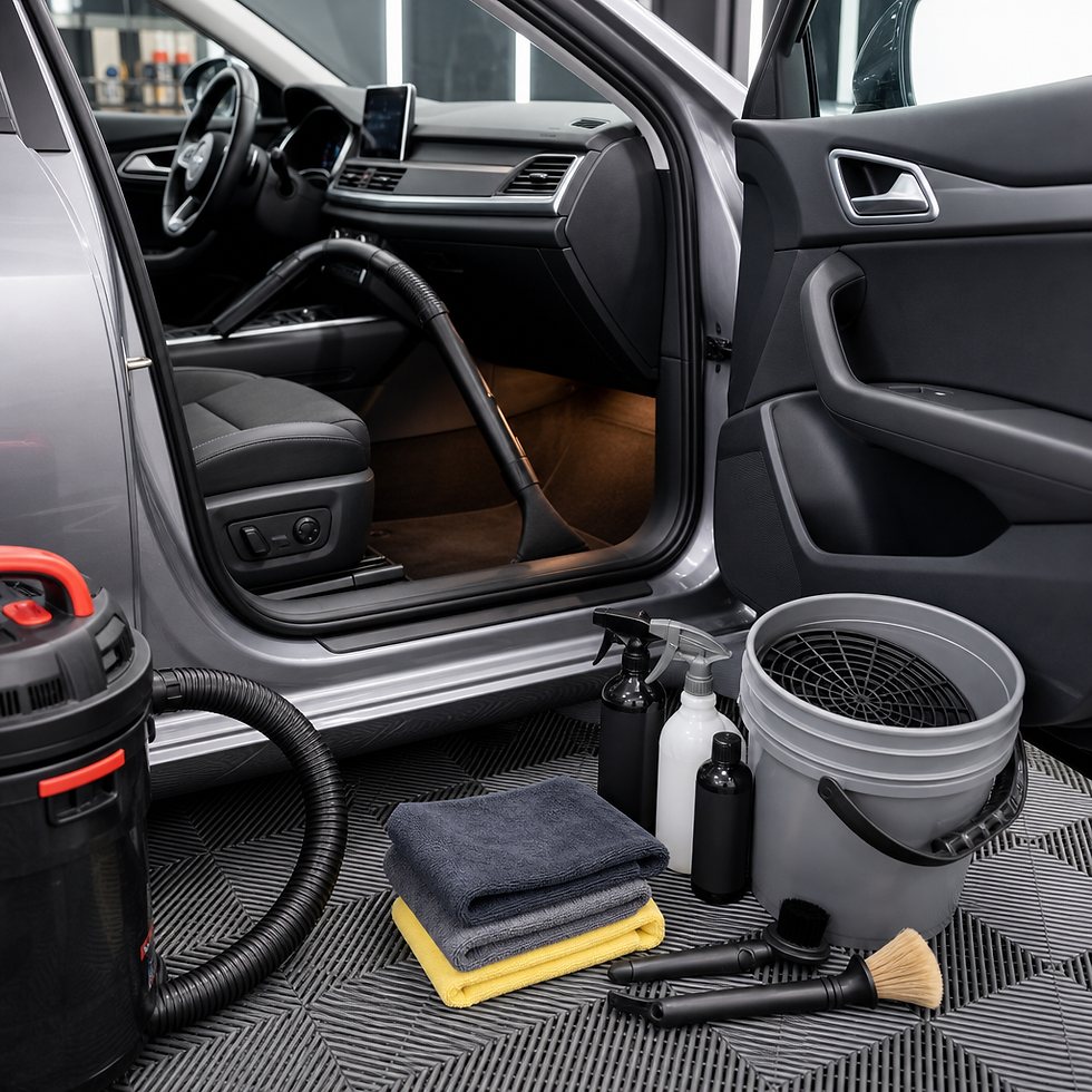 Car interior detailing setup with a connected shop vacuum hose, brushes, microfiber towels, cleaners, and a wash bucket beside an open car door.