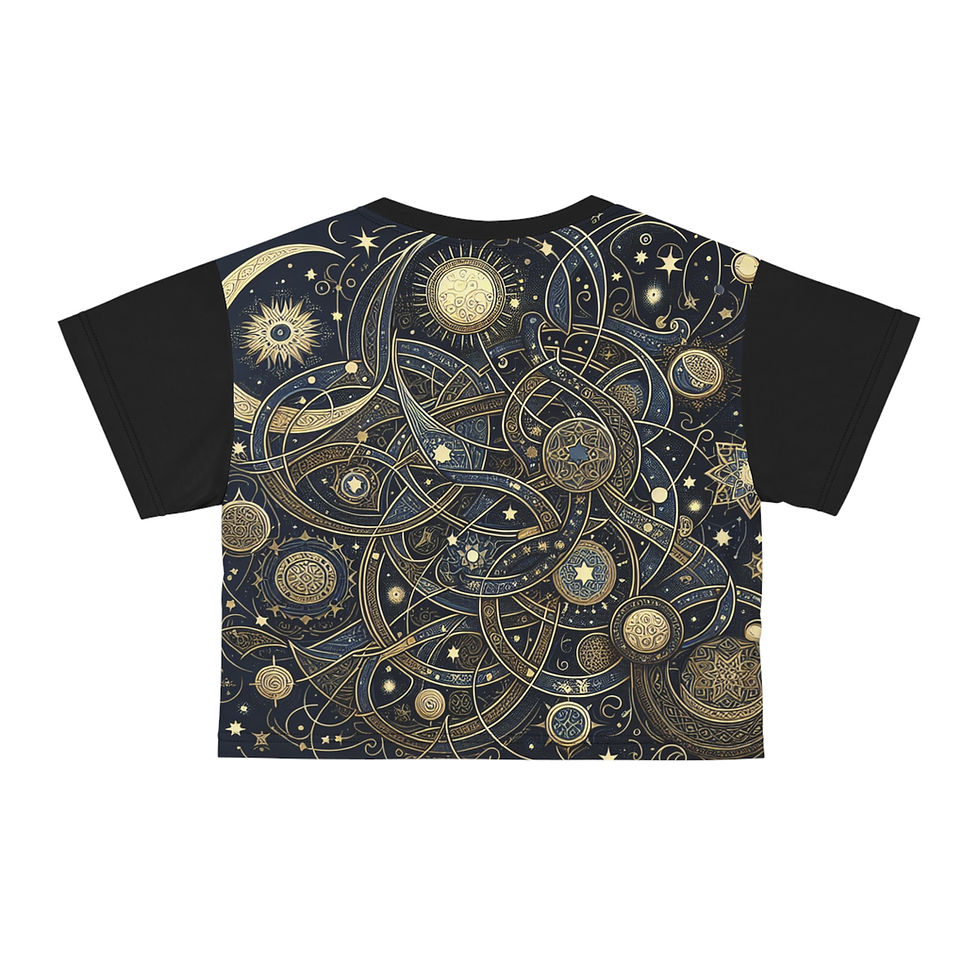 Thumbnail: Crop top with celestial pattern print, all over print design, rear view