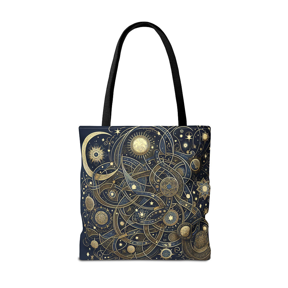 Large decorative tote with celestial pattern, front view