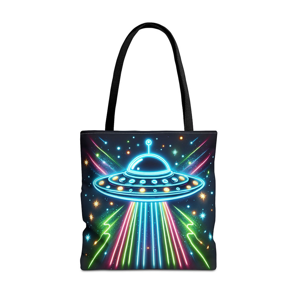 Neon UFO spacecraft tote bag front view