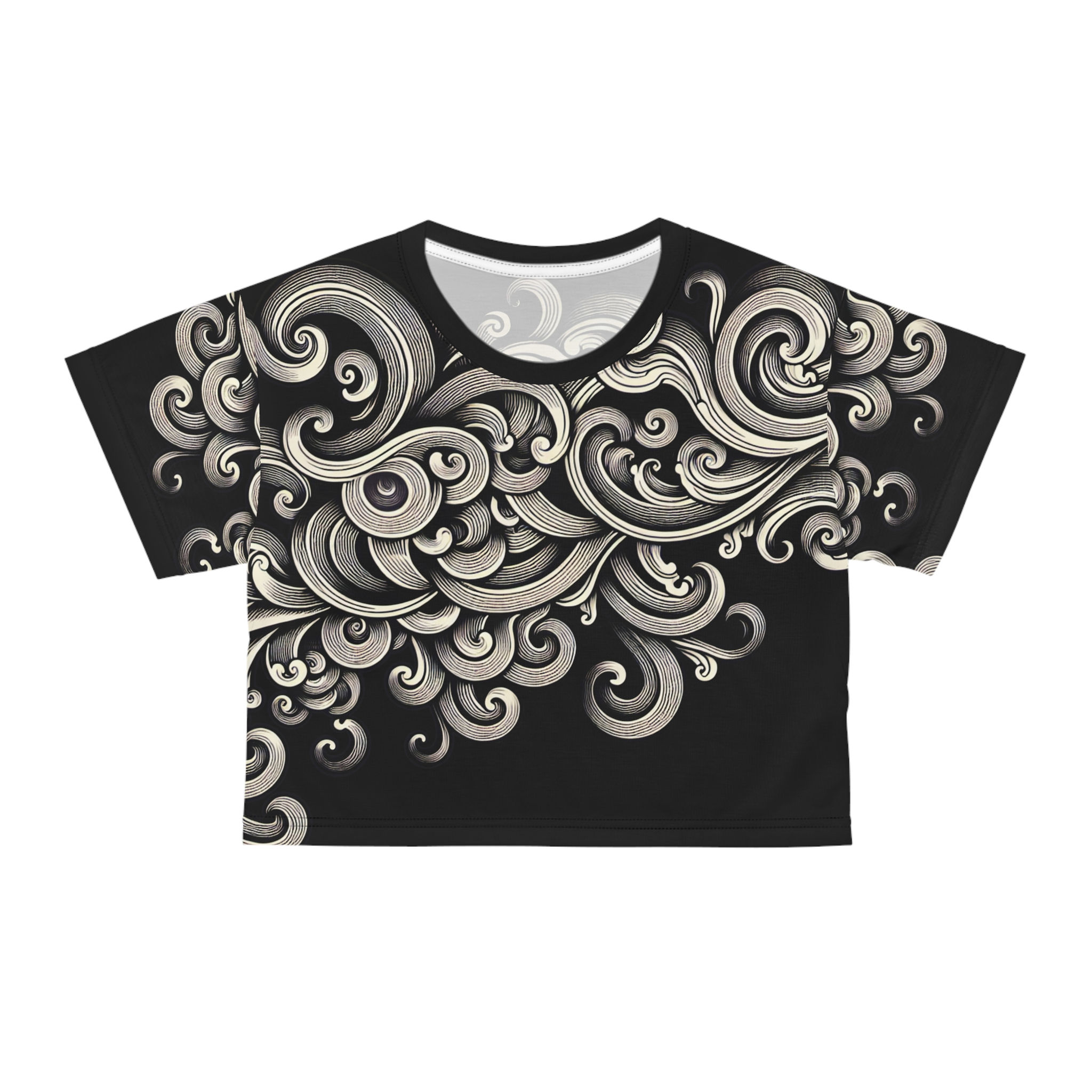 Crop top with black and white filigree design, all over print, front view