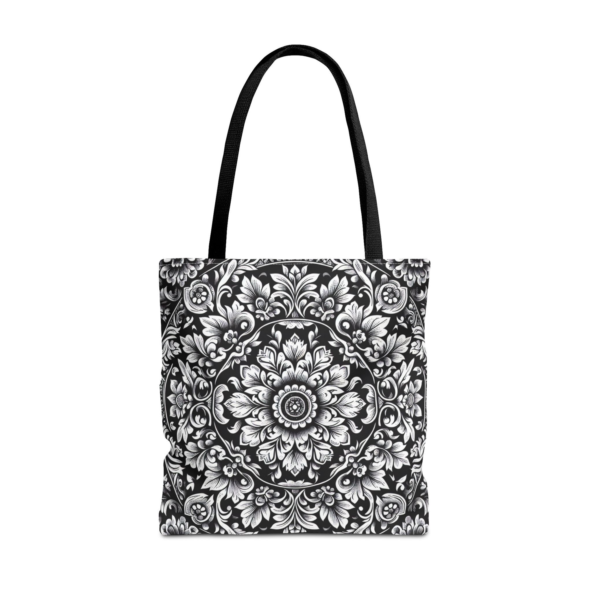Large Decorative Tote, Black and White Mandala Design, Front View