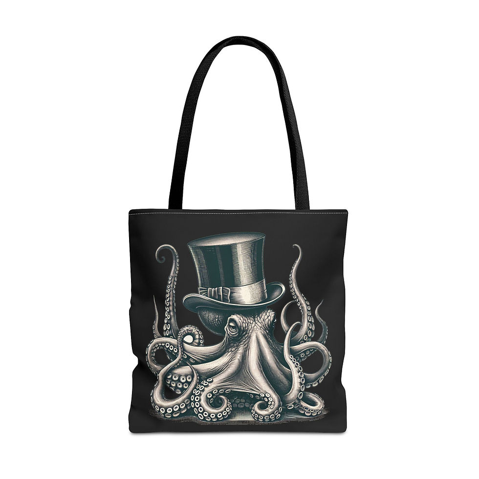 Large Black Tote with vintage graphic of octopus with top hat, front view