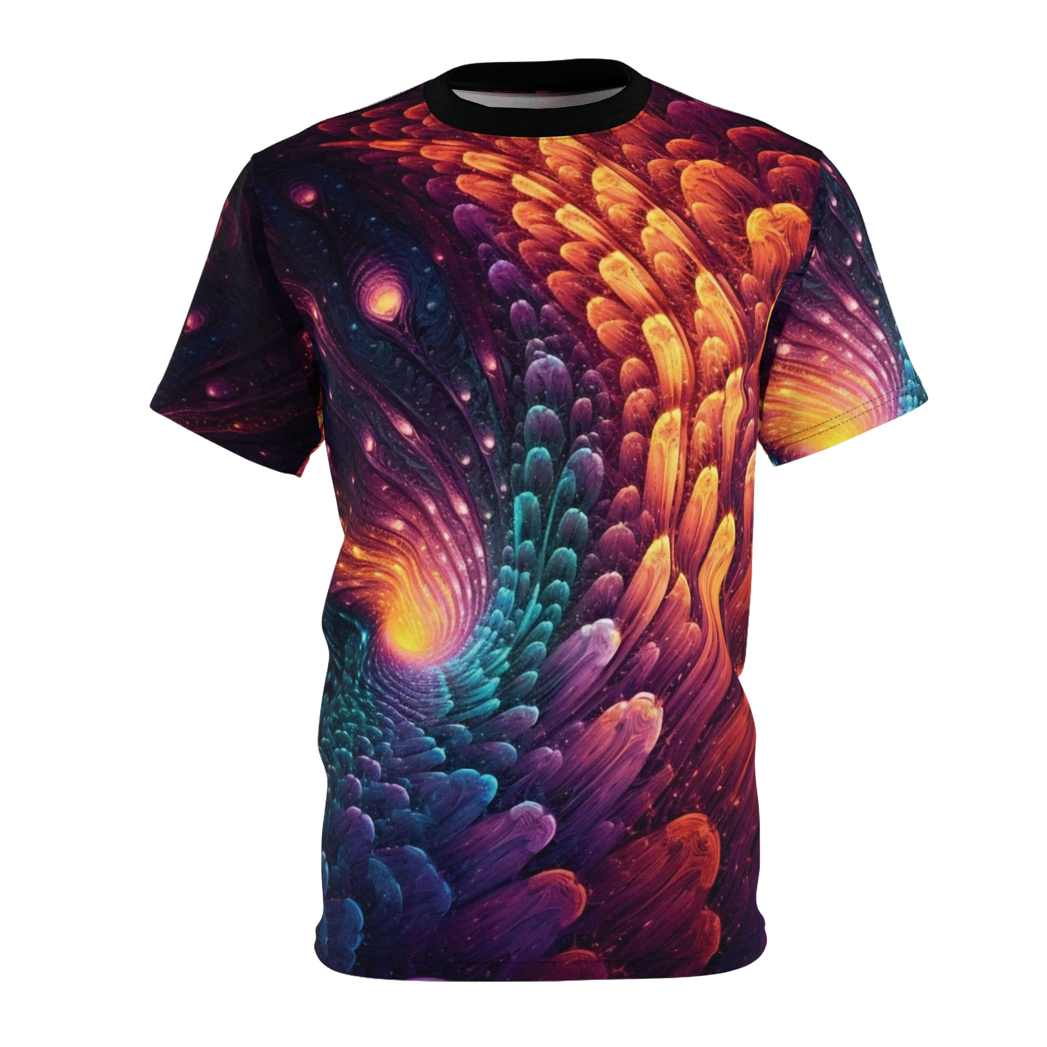 Unisex Tshirt, colorful all over print design of cosmic feathers, front view