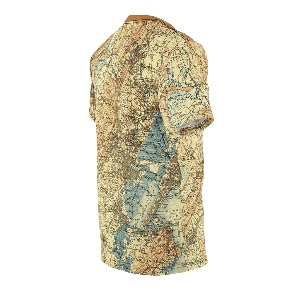 Thumbnail: Unisex Tshirt, all over print of Antique NYC Map design, side view