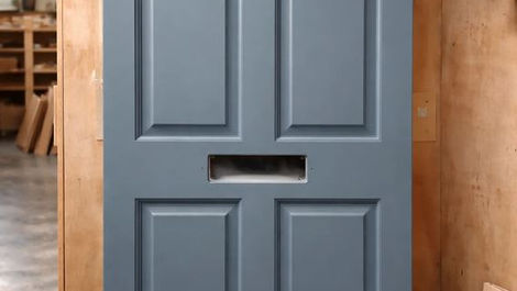 Blue panel door with four rectangular sections and a mail slot, standing in a workshop