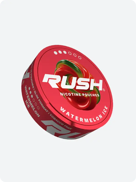 علبة أكياس نيكوتين Rush بنكهة منعشة وتصميم مدمج وعملي.