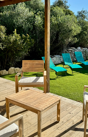 Petit jardin accueillant avec quelques arbres offrant de l'ombre, parfait pour se détendre. Une petite piscine, idéale pour les enfants, complète ce havre de paix, créant un espace où toute la famille peut profiter en toute tranquillité.