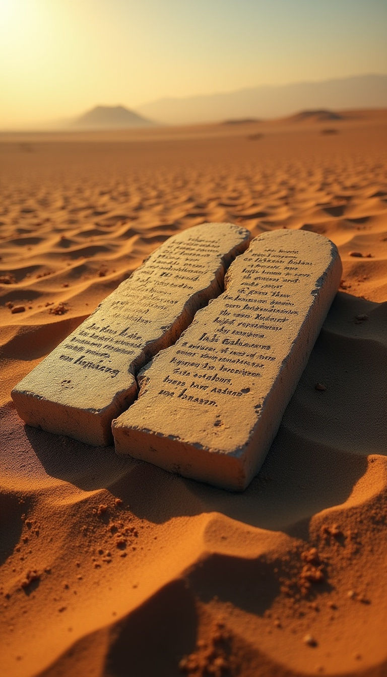 Old stone tablet of the Ten Commandments broken in half, lying in the dirt, dramatic lighting, symbolic decay of morality, dark atmosphere.