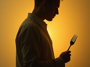 A man holding a fork, seen in side profile, staring into the distance – symbolizing emotional eating and the inner conflict between craving and true hunger.