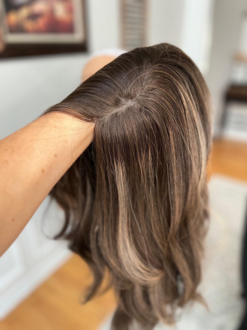 Thumbnail: Dark brown w/Highlights- 8x8 Silk Topper w/ Lace Front 