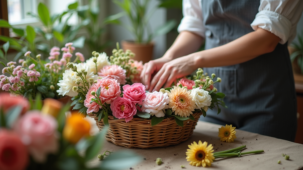 close-up view of a florist arranging flowers in a basket