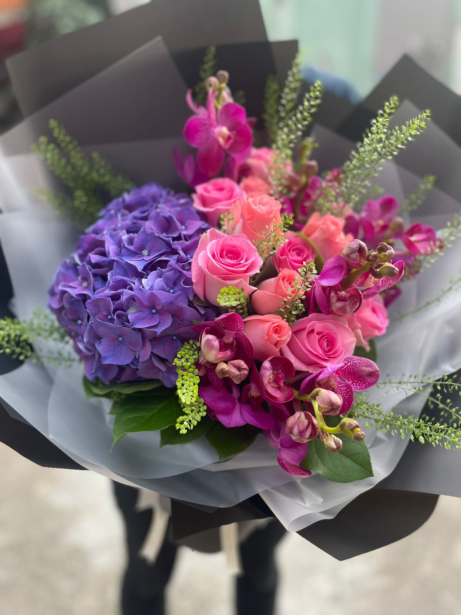 purple hydrangea pinky rose bouquet PHYDPPK1 紫繡球雙色粉玫瑰花束PHYDPPK1