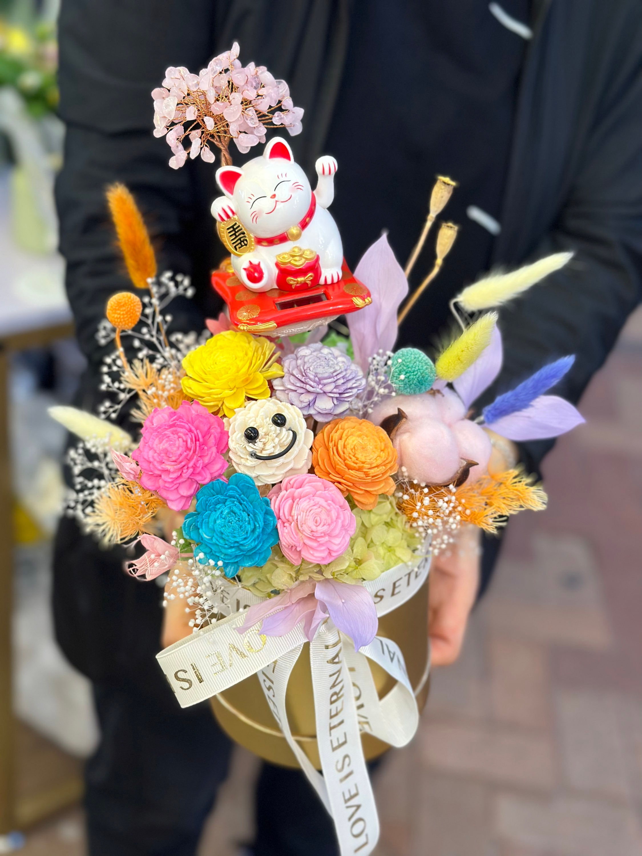 哈哈笑水晶招財貓擺設(不是鮮花)Lucky Cat Crystal Smile Preserved Flower Arrangment