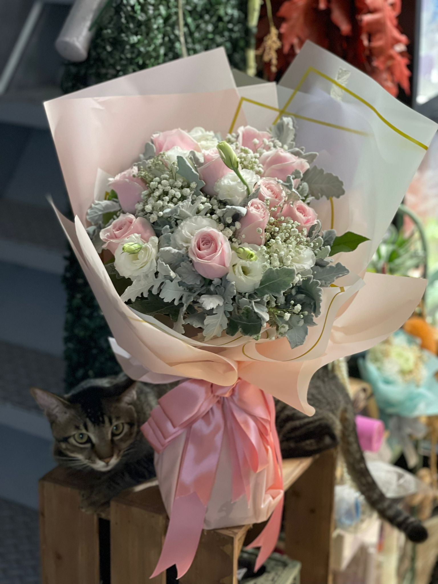 10枝粉紅玫瑰滿天星花束（可選支數） 10Pink Roses Classic Bouquet PK10BPK