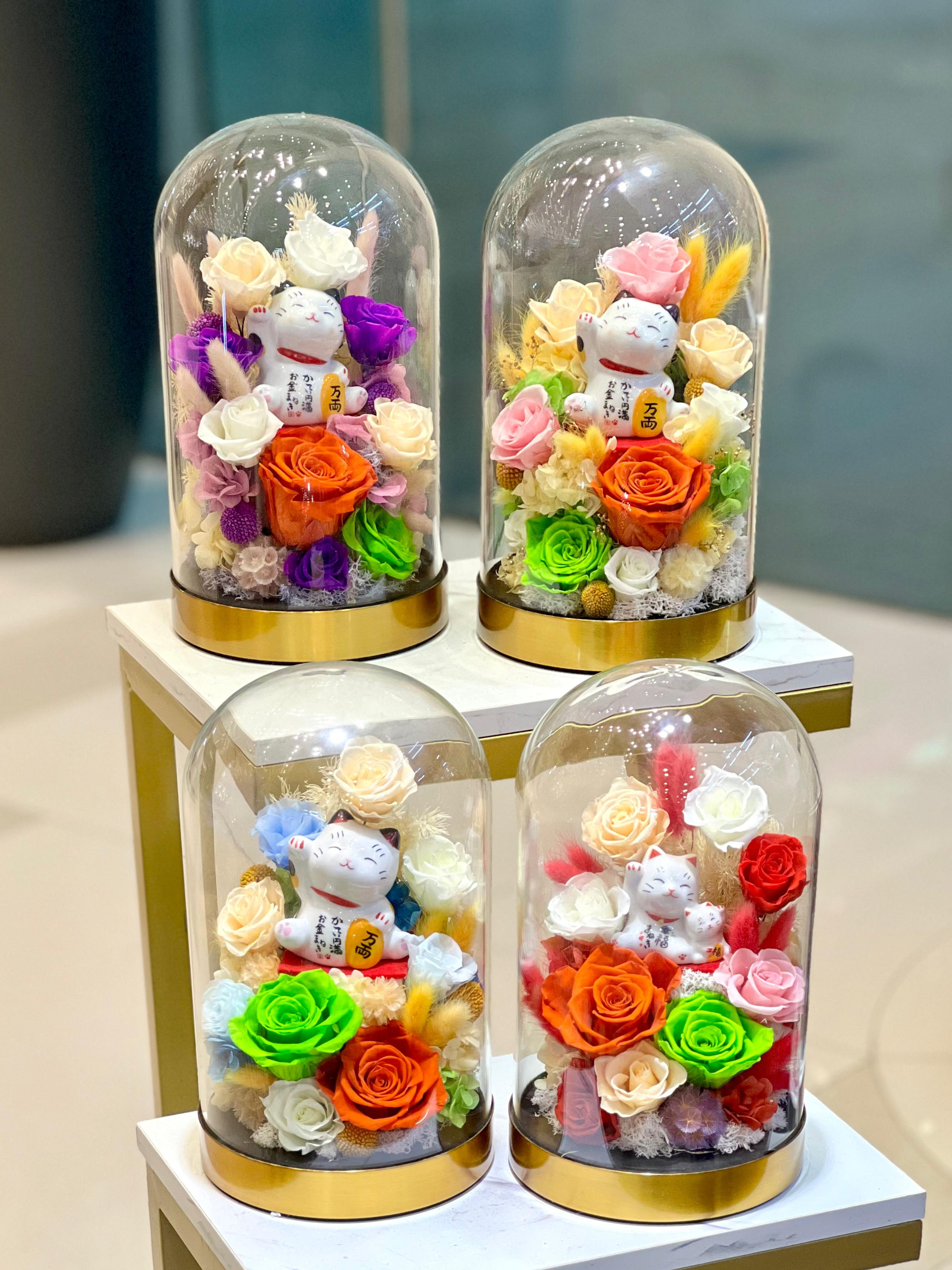 招財開運九朵花(有燈)永生保鮮玫瑰擺設 (多款可款)Preserved Flower Rose Arrangment with LED
