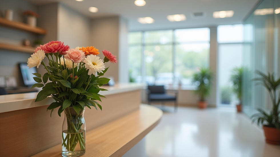 Eye-level view of a clinic reception desk with a bouquet of flowers