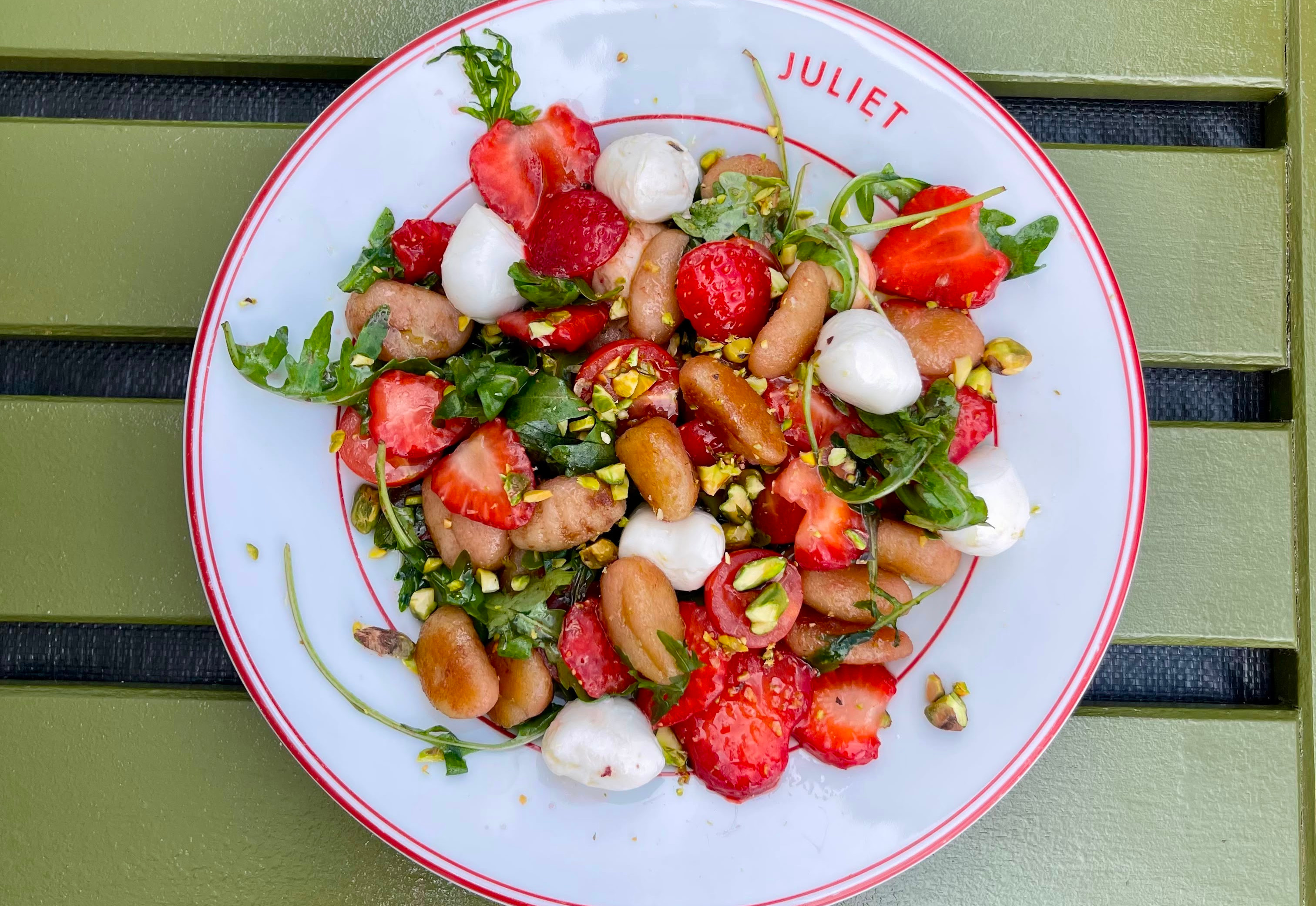 Crispy cauliflower gnocchi salad with orange, fennel, mint, ricotta and chopped pistachios