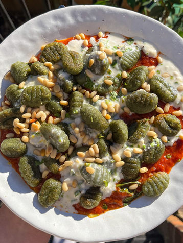 Spinach Gnocchi with Roasted Garlic Tomato & Vegan Lemon Cream