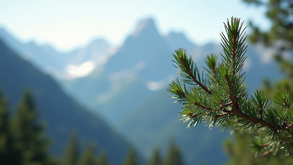Close-up view of a single pine tree branch with mountain peaks blurred in the background