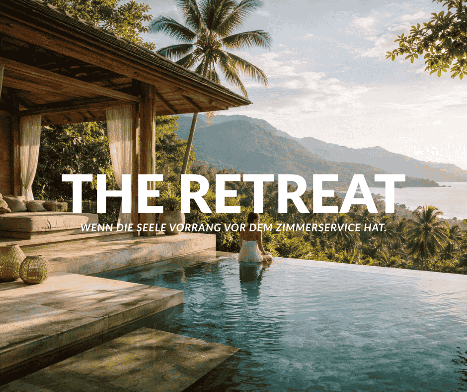 Infinity-Pool und Lounge-Bereich eines Retreat-Hotels mit Blick auf Berge und tropische Landschaft