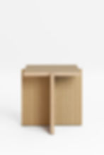 Wooden coffee table with a square top and a unique T-shaped support structure