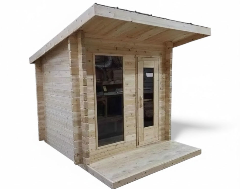 External Load Wood Stove or Harvia Electric Stove
Sauna Rocks
Bucket and Ladle
Cedar Head Rests x 2
Towel Hooks
Vented
2 Level Back Wall Bench Seating 
Tempered Glass Door Insert x 1
Metal Roof
