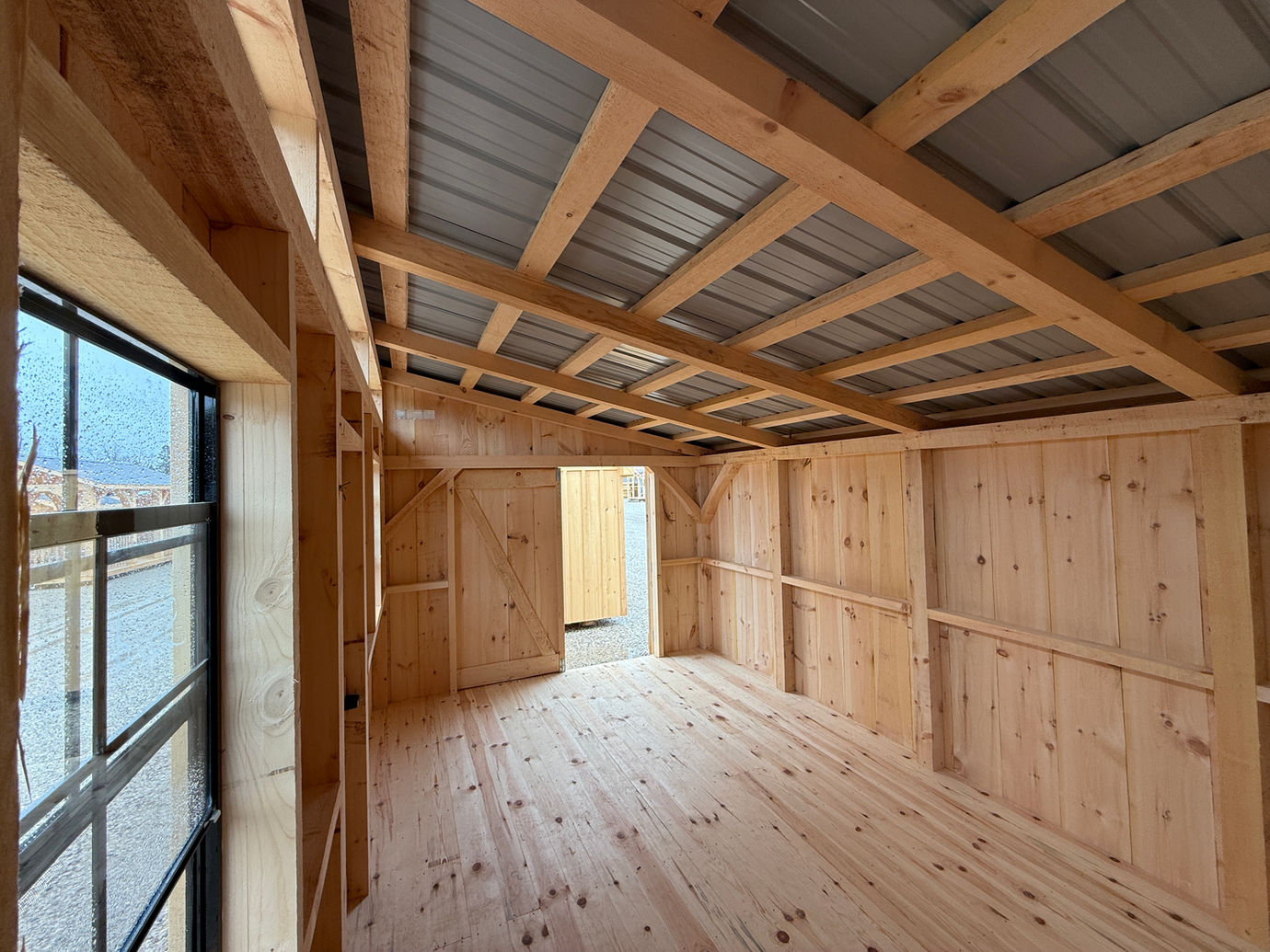 Spacious Interior of 10x16 Lean to
Sloped roof 8'-6 1/2'
Solid Pine Flooring, 1" thick walls.