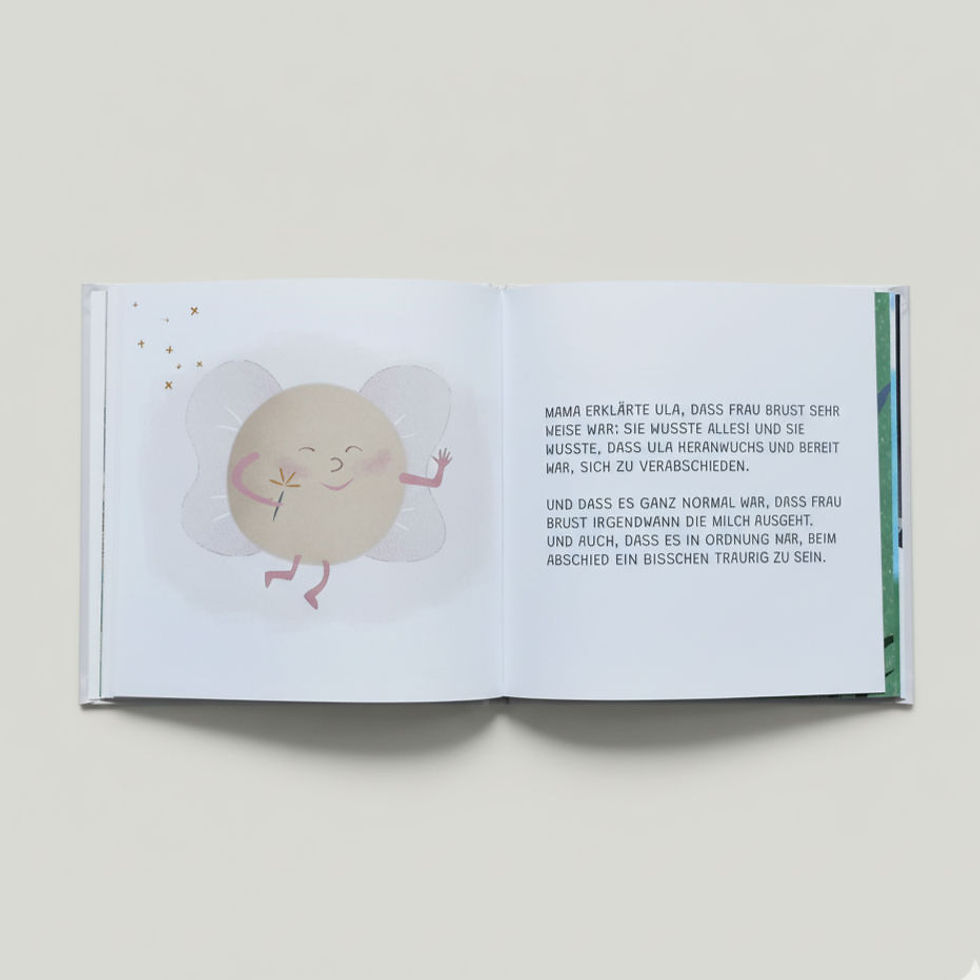 Miniaturbild: Illustrierte Seiten aus dem Kinderbuch „Ula und Frau Brust“ auf Deutsch über das sanfte Abstillen