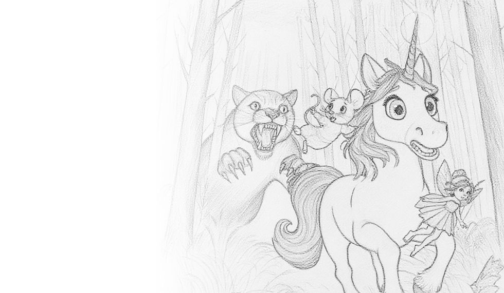 Skizze Kinderbuch: Einhorn Nelly und die Suche nach dem gestohlenen Kristallherz