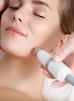 Close up of beautician hand making ultrasound facial procedure by special equipment_ Her c