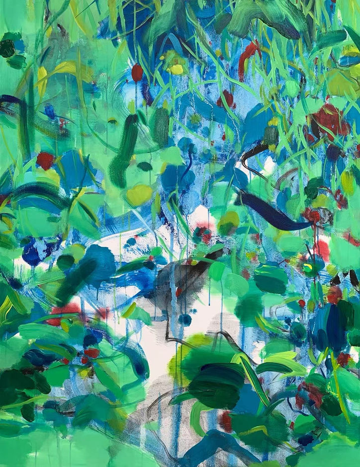 Harmony with Universe 12-1, abstract acrylic painting with vivid green, blue, red, and white gestural forms.