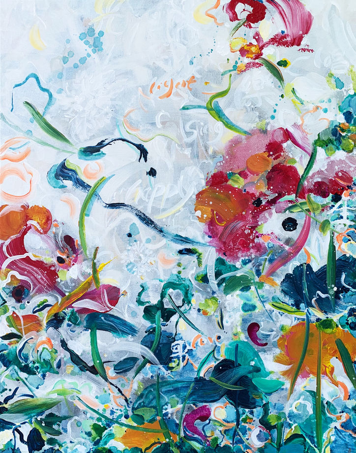 Blessing, an abstract painting with vibrant pink, green, blue, and orange organic forms emerging across a luminous white background.