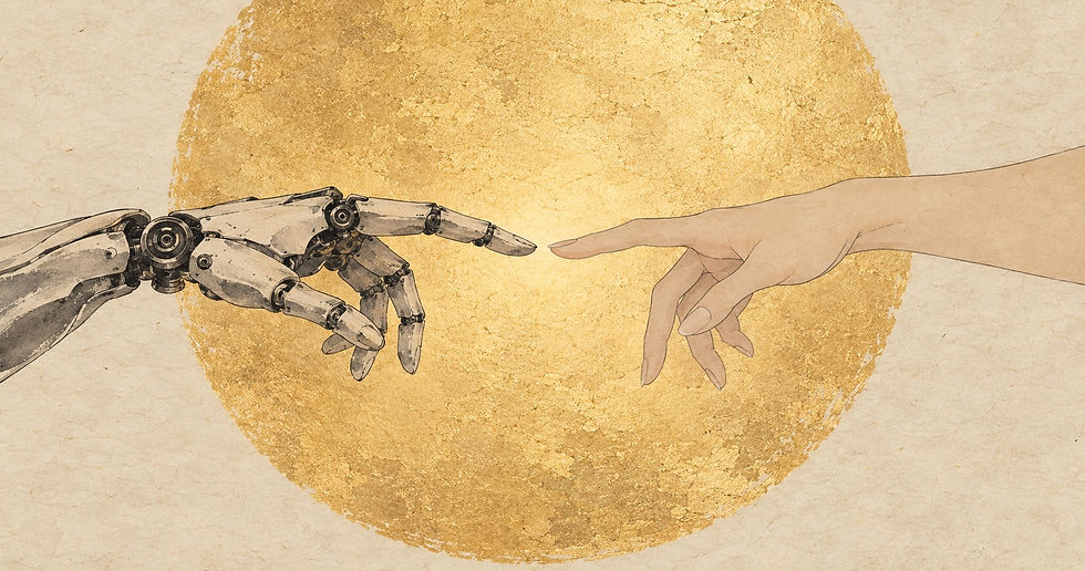 A robotic hand and a human hand reaching toward each other in front of a large golden sun on textured Xuan paper