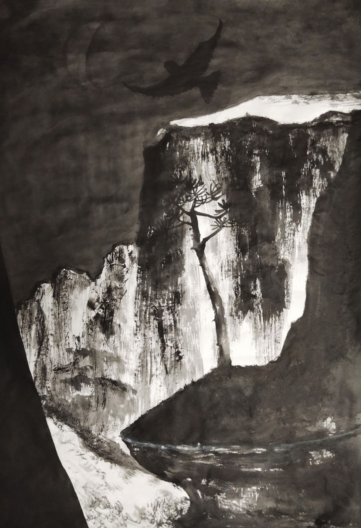 Hidden, an ink painting on xuan paper depicting a dramatic dark landscape with steep cliffs, a solitary tree, and a bird flying overhead.