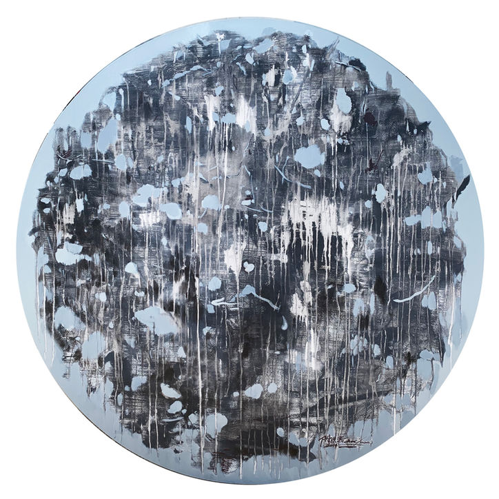 Wake Up, a circular abstract painting with layered black, gray, and pale blue marks, drips, and scattered organic shapes.